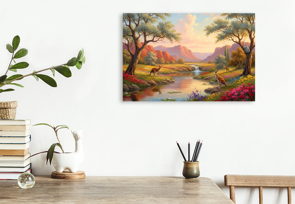 Premium Textil-Leinwand Australische Wasserstelle - Landschaft mit Känguru und Koala