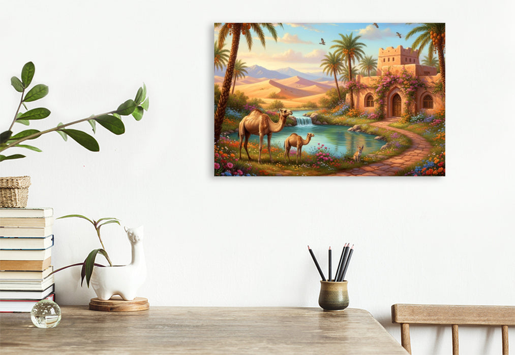 Premium Textil-Leinwand Arabische Landschaft mit Wüste und Dromedaren