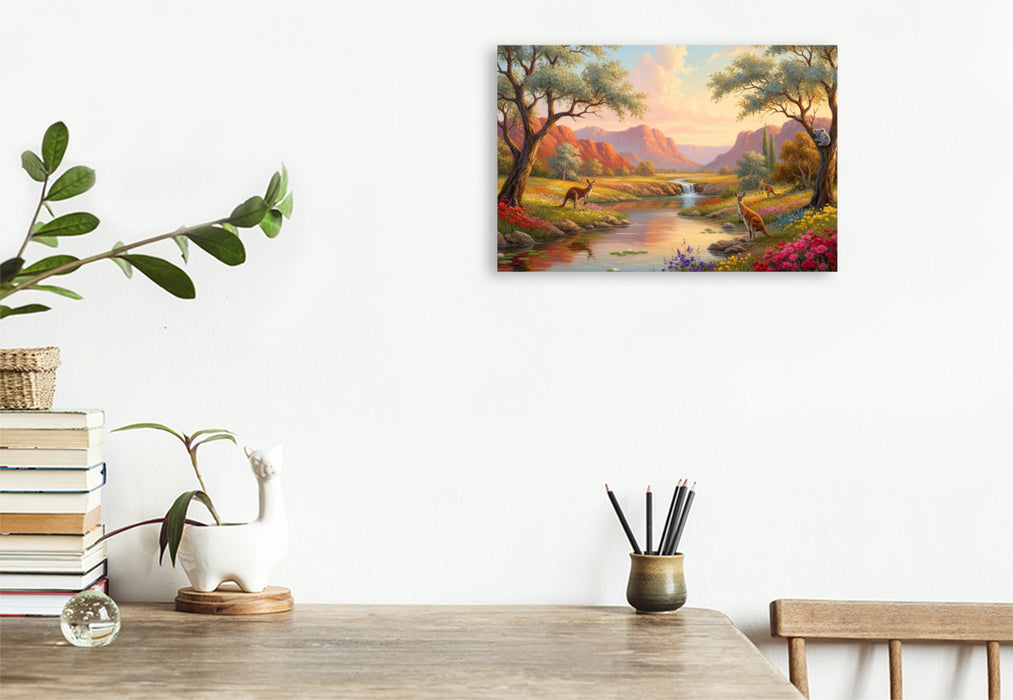 Premium Textil-Leinwand Australische Wasserstelle - Landschaft mit Känguru und Koala