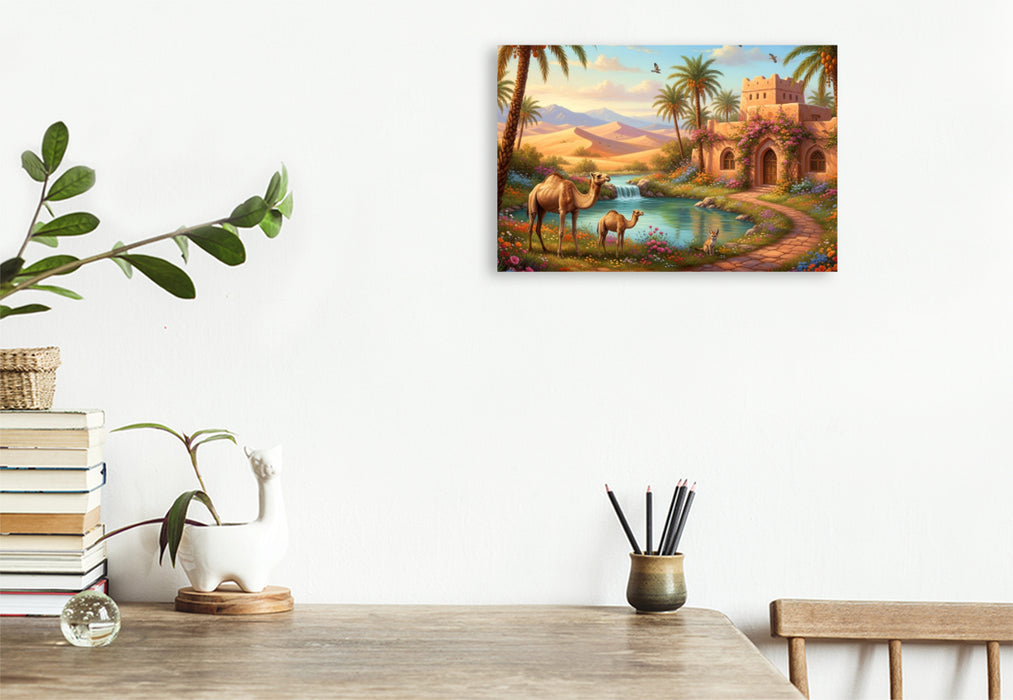 Premium Textil-Leinwand Arabische Landschaft mit Wüste und Dromedaren