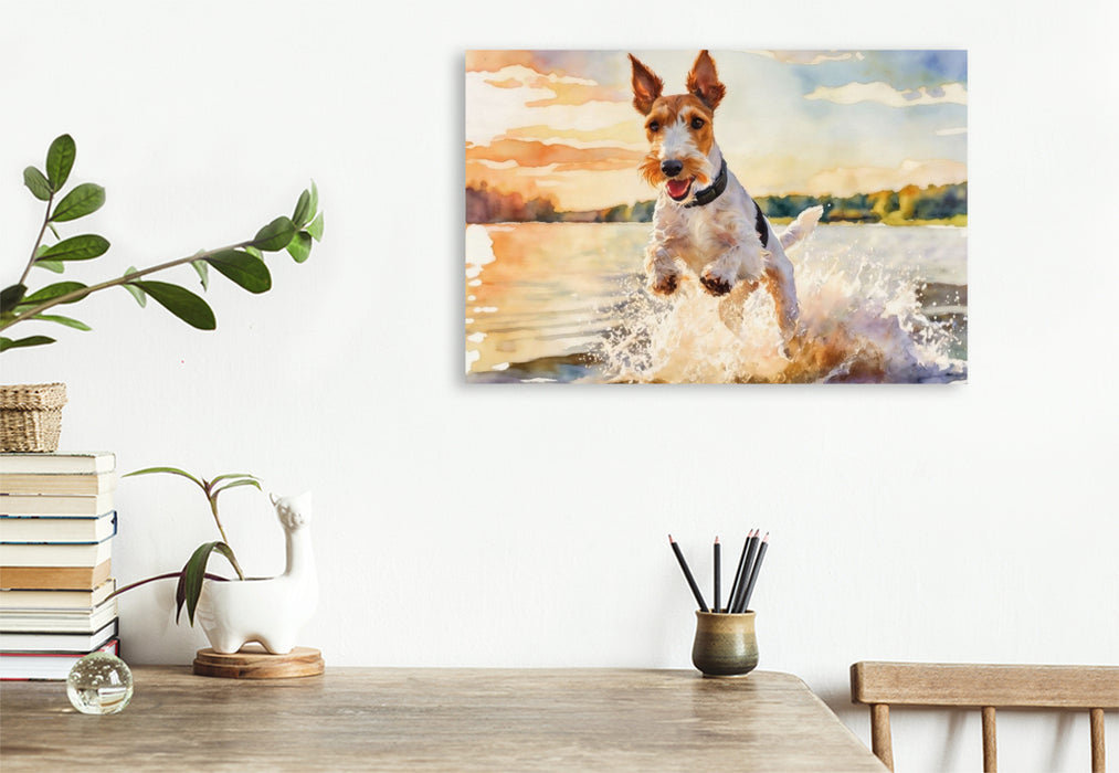 Premium Textil-Leinwand Drahthaar-Foxterrier - sommerliches Vergnügen