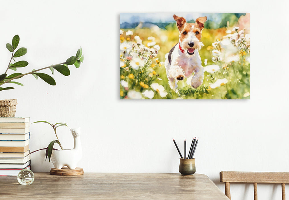 Premium Textil-Leinwand Drahthaar-Foxterrier charmanter Begleiter mit Witz