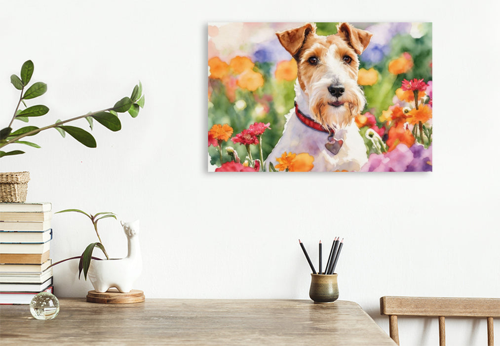 Premium Textil-Leinwand Foxterrier Im Blütenmeer