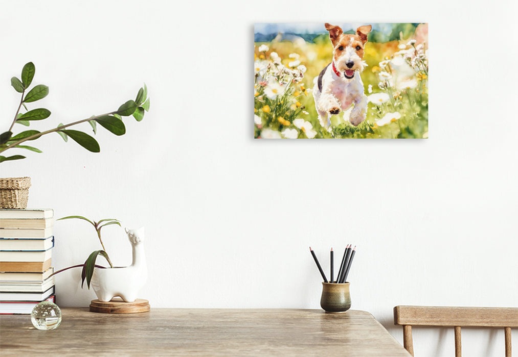 Premium Textil-Leinwand Drahthaar-Foxterrier charmanter Begleiter mit Witz