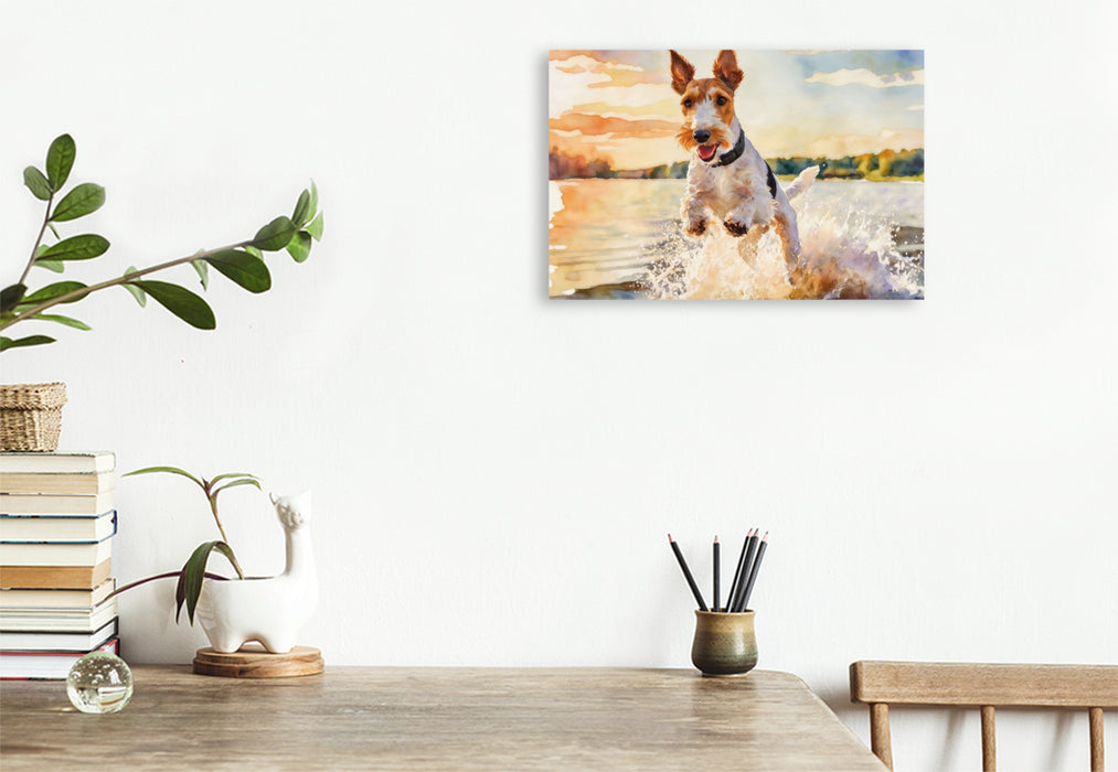 Premium Textil-Leinwand Drahthaar-Foxterrier - sommerliches Vergnügen