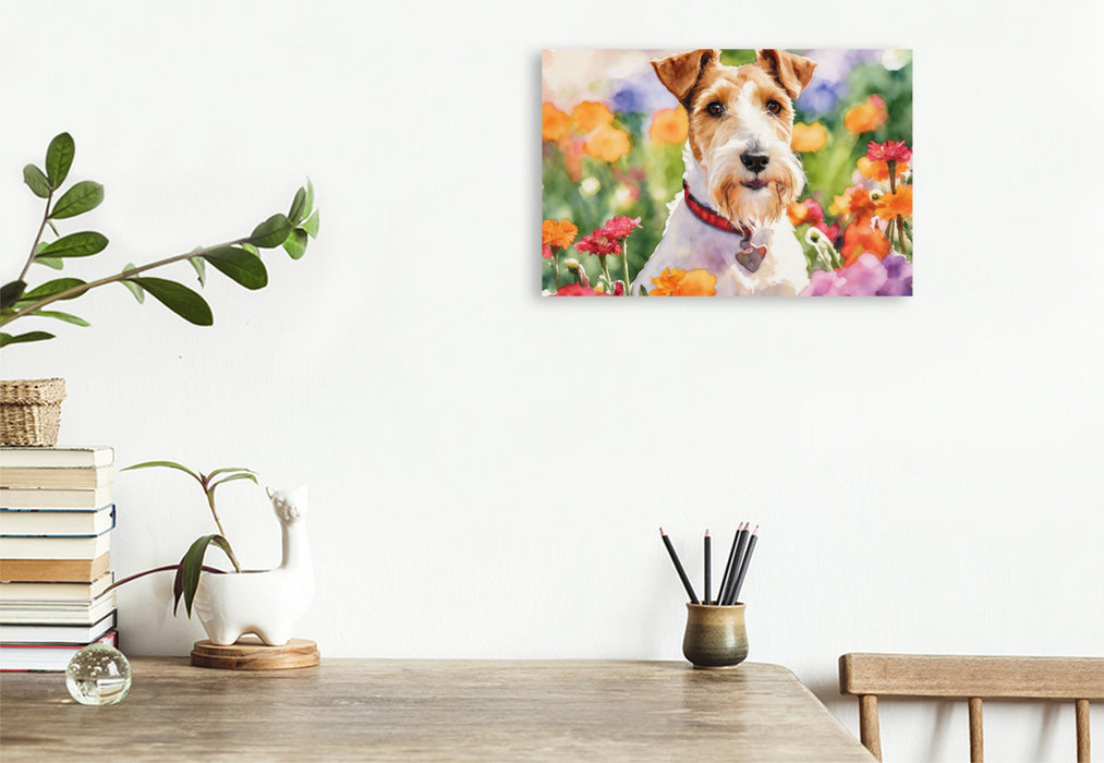 Premium Textil-Leinwand Foxterrier Im Blütenmeer