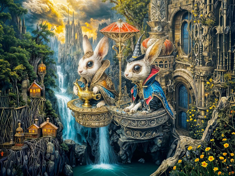 Zwei Hasen auf Steampunk‑Podest mit Zauberhut - CALVENDO Foto-Puzzle'