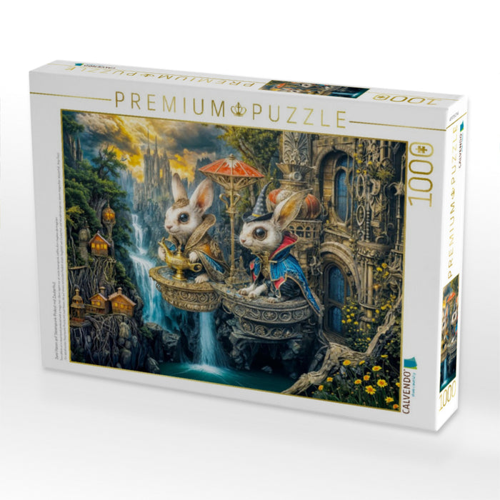 Zwei Hasen auf Steampunk‑Podest mit Zauberhut - CALVENDO Foto-Puzzle'