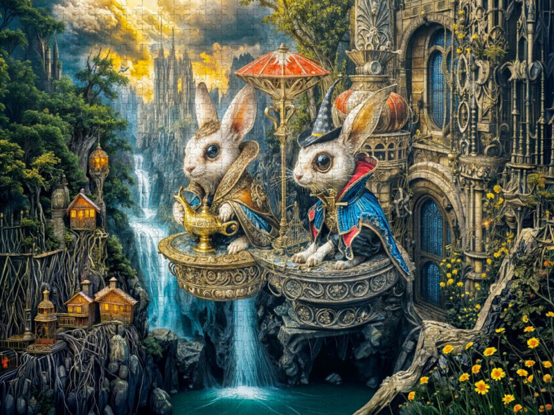 Zwei Hasen auf Steampunk‑Podest mit Zauberhut - CALVENDO Foto-Puzzle'