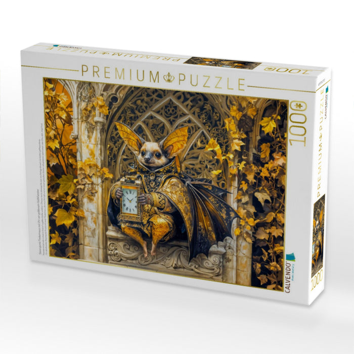 Steampunk Fledermaus mit Uhr vor goldenem Gotikfenster - CALVENDO Foto-Puzzle'