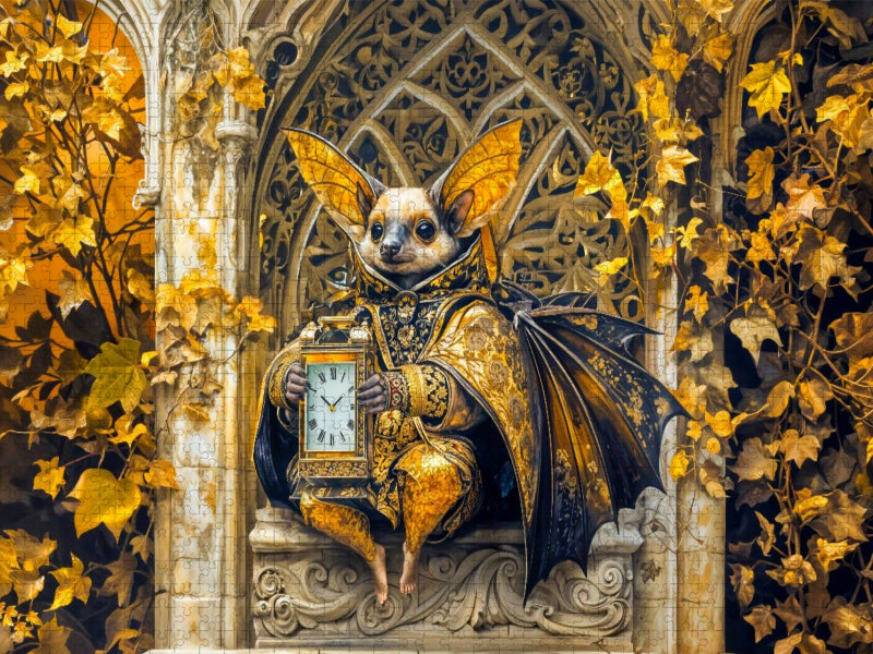 Steampunk Fledermaus mit Uhr vor goldenem Gotikfenster - CALVENDO Foto-Puzzle'