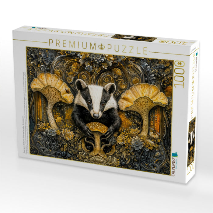 Steampunk Dachs mit Pilzen vor barocker Fantasyszene - CALVENDO Foto-Puzzle'