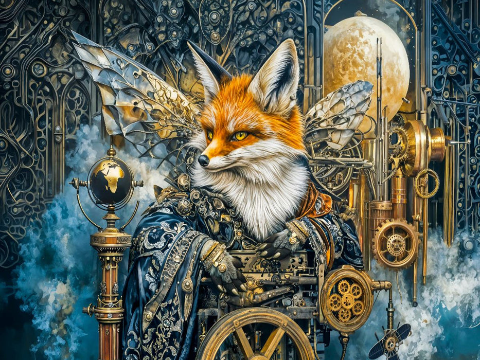 Steampunk Fuchs steuert leuchtende Nebelmaschine im Fantasyreich - CALVENDO Foto-Puzzle'