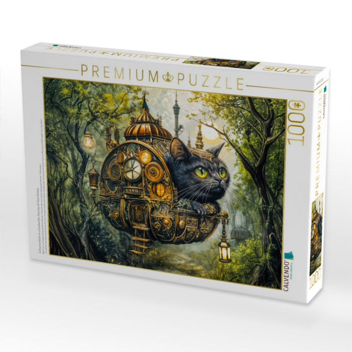 Schwarze Katze im schwebenden Steampunk‑Haus Fantasy - CALVENDO Foto-Puzzle'