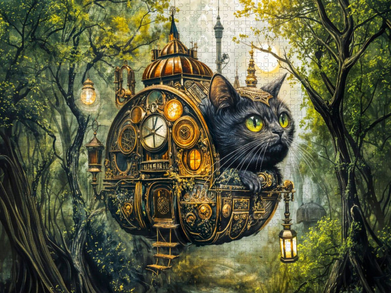 Schwarze Katze im schwebenden Steampunk‑Haus Fantasy - CALVENDO Foto-Puzzle'