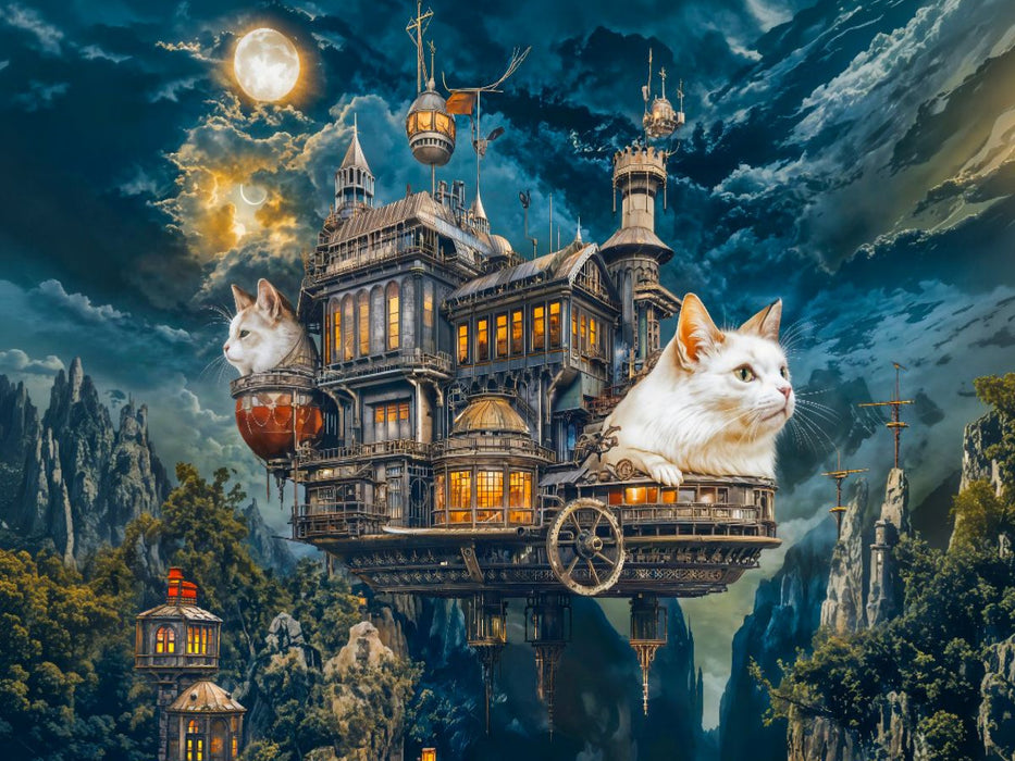 Zwei Katzen auf fliegender Steampunk‑Villa über Bergschlucht - CALVENDO Foto-Puzzle'