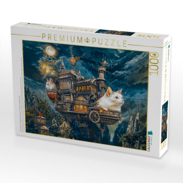 Zwei Katzen auf fliegender Steampunk‑Villa über Bergschlucht - CALVENDO Foto-Puzzle'