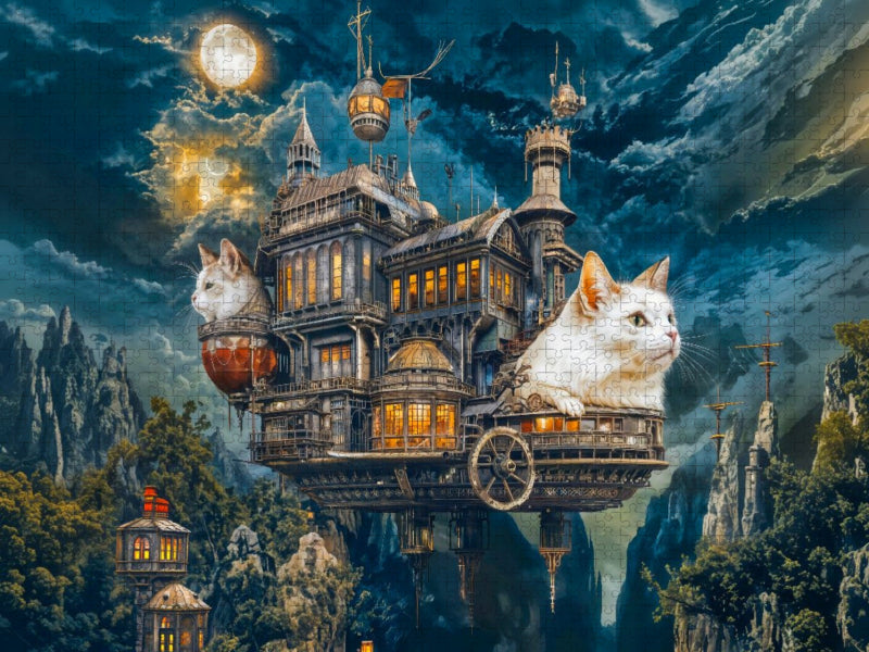 Zwei Katzen auf fliegender Steampunk‑Villa über Bergschlucht - CALVENDO Foto-Puzzle'