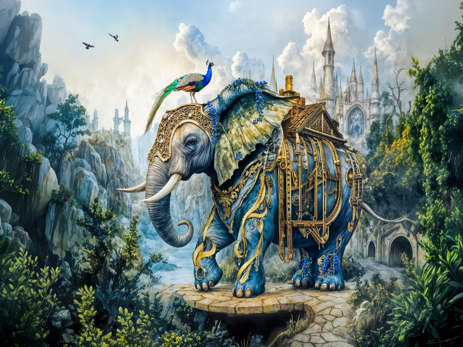 Steampunk Elefant mit Pfau vor Schlossweg Fantasy - CALVENDO Foto-Puzzle'