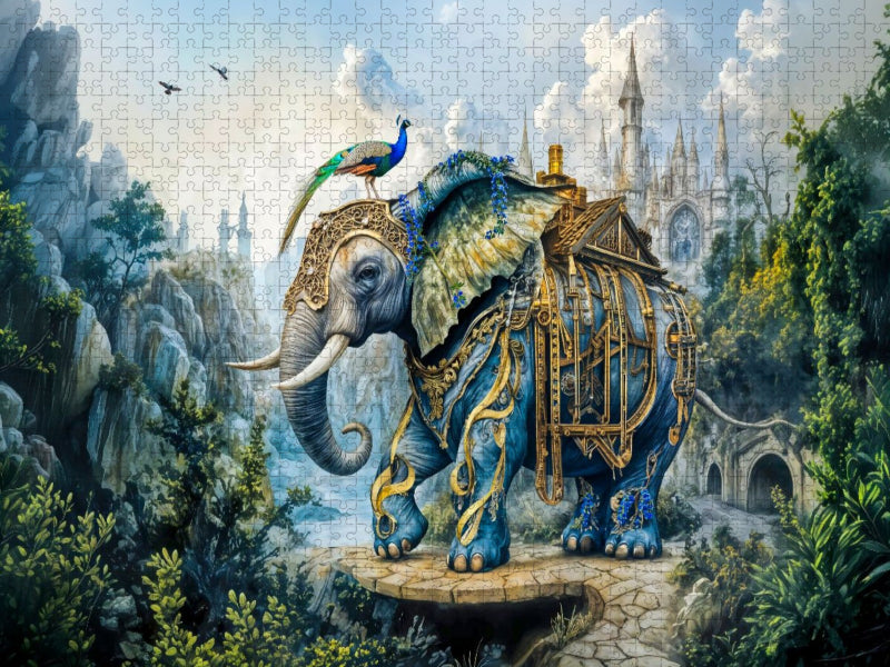 Steampunk Elefant mit Pfau vor Schlossweg Fantasy - CALVENDO Foto-Puzzle'