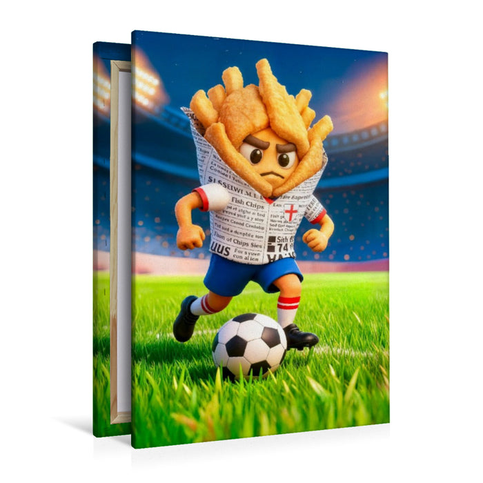 Premium Textil-Leinwand England Fish and Chips Fußballer in farbenfroher Stadionszene