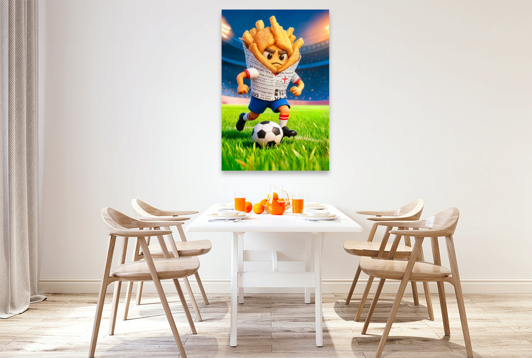 Premium Textil-Leinwand England Fish and Chips Fußballer in farbenfroher Stadionszene