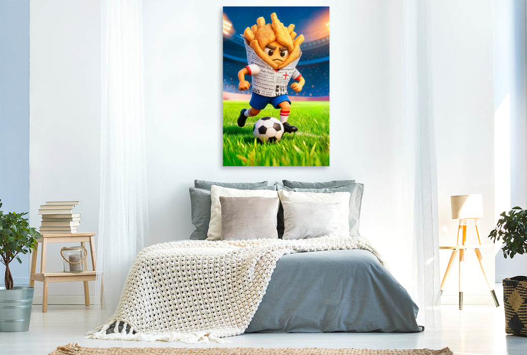 Premium Textil-Leinwand England Fish and Chips Fußballer in farbenfroher Stadionszene