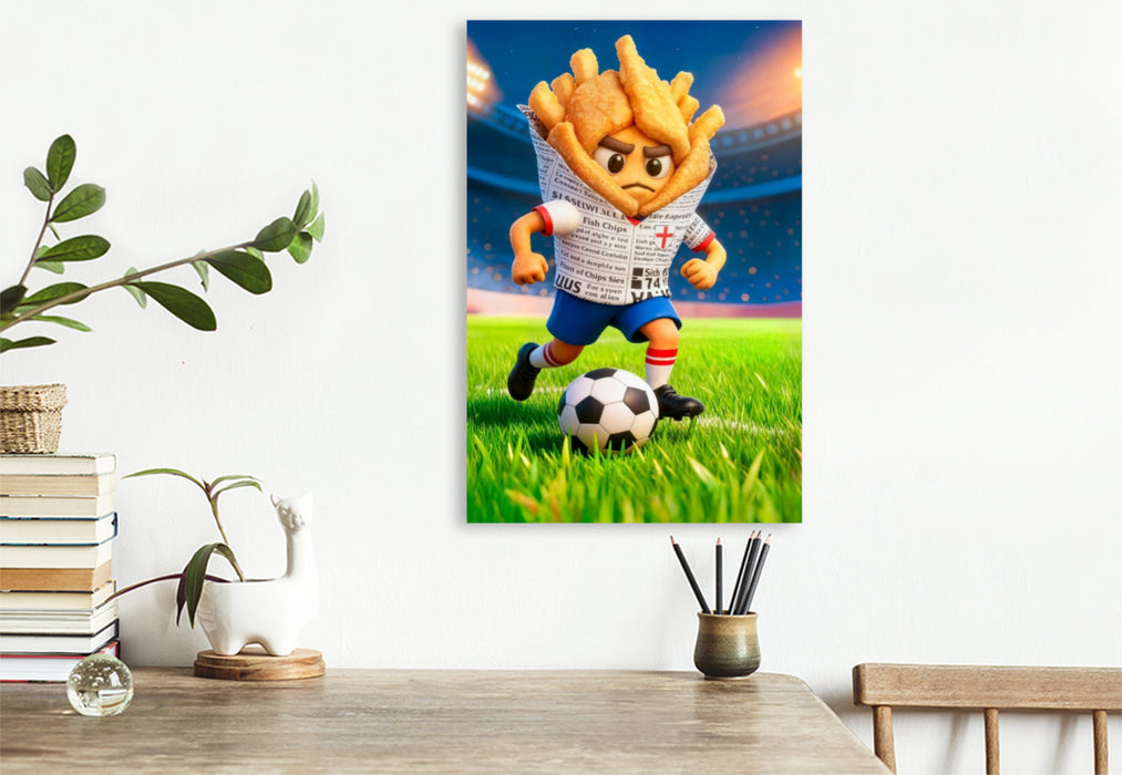 Premium Textil-Leinwand England Fish and Chips Fußballer in farbenfroher Stadionszene
