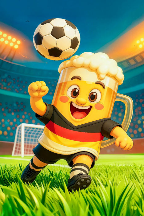 Premium Textil-Leinwand Deutsches Bierglas Fußballer in farbenfroher Stadionszene