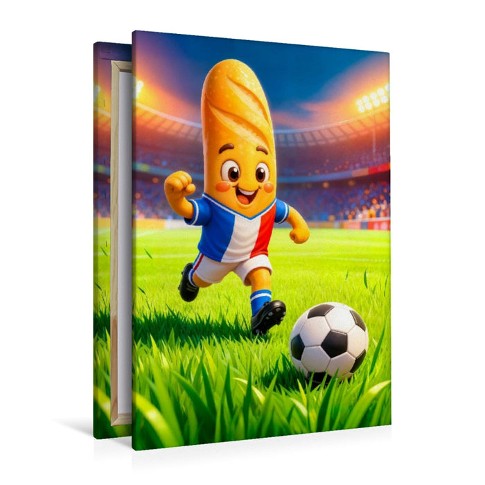 Premium Textil-Leinwand ranzösisches Baguette Fußballer in lebendiger Stadionszene