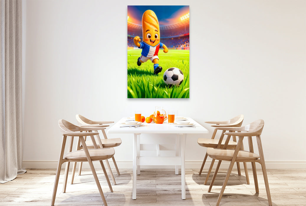 Premium Textil-Leinwand ranzösisches Baguette Fußballer in lebendiger Stadionszene