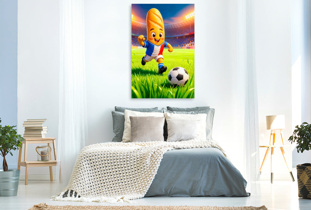 Premium Textil-Leinwand ranzösisches Baguette Fußballer in lebendiger Stadionszene