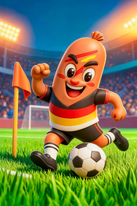 Premium Textil-Leinwand Deutsche Bratwurst Fußballer in lebendiger Stadionszene