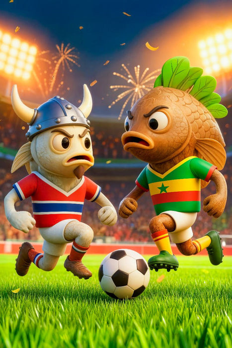 Premium Textil-Leinwand Norwegischer Dorsch und senegalesisches Thieboudienne im humorvollen Fußball Duell