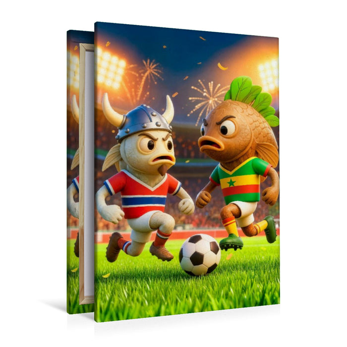 Premium Textil-Leinwand Norwegischer Dorsch und senegalesisches Thieboudienne im humorvollen Fußball Duell