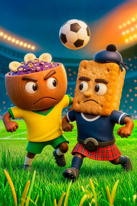 Premium Textil-Leinwand Brasilien Açaí‑Bowl gegen Schottland Shortbread Fußballmotiv