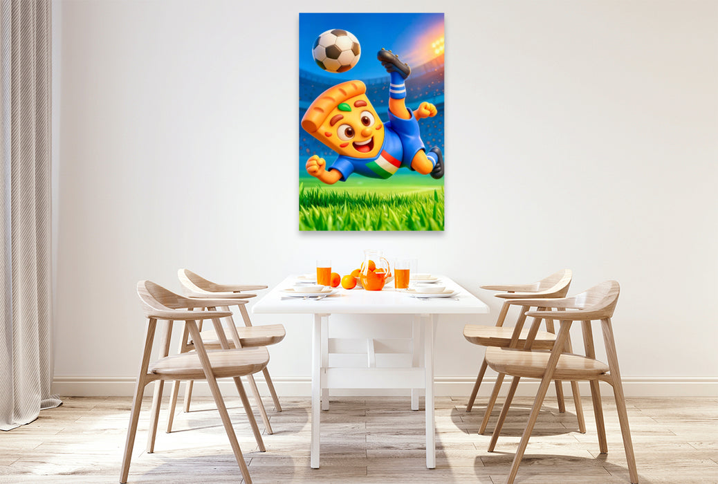 Premium Textil-Leinwand Italienische Pizza beim humorvollen Fußball Fallrückzieher im Stadion