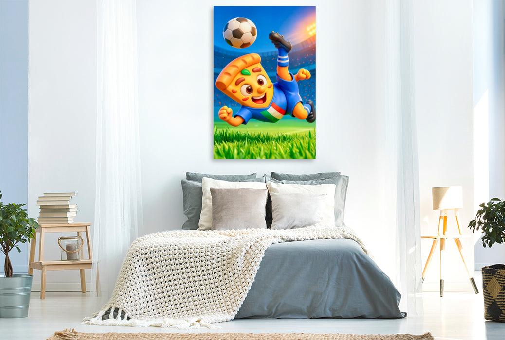 Premium Textil-Leinwand Italienische Pizza beim humorvollen Fußball Fallrückzieher im Stadion