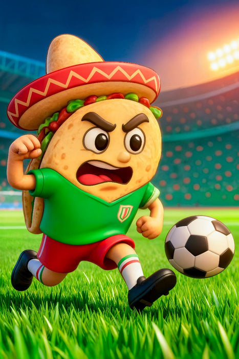 Premium Textil-Leinwand Mexikanischer Taco auf humorvoller Fußball Torjagd im Stadion