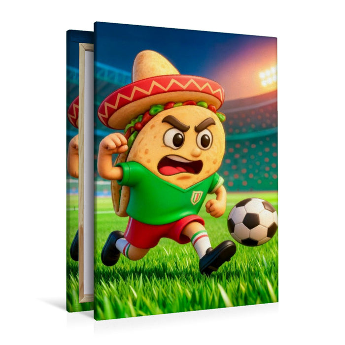 Premium Textil-Leinwand Mexikanischer Taco auf humorvoller Fußball Torjagd im Stadion