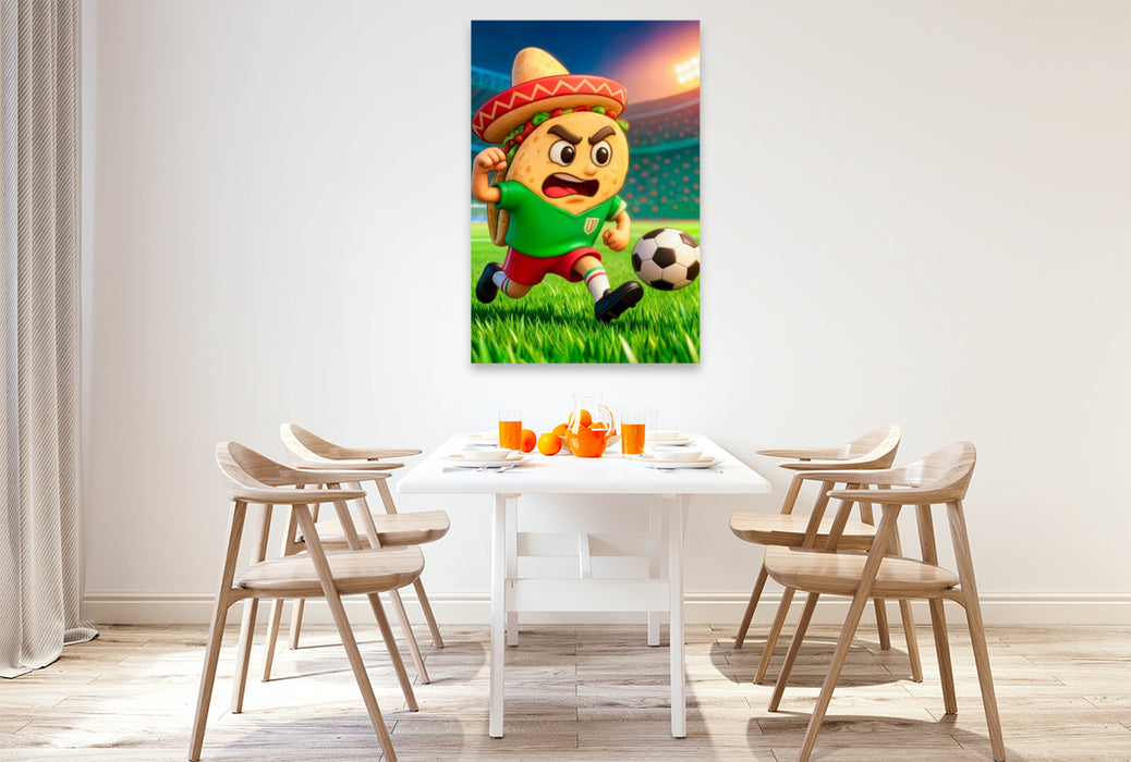 Premium Textil-Leinwand Mexikanischer Taco auf humorvoller Fußball Torjagd im Stadion
