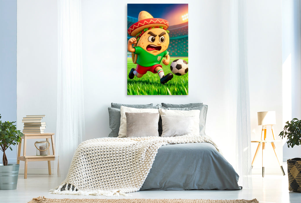 Premium Textil-Leinwand Mexikanischer Taco auf humorvoller Fußball Torjagd im Stadion