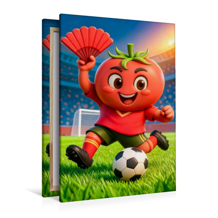 Premium Textil-Leinwand Spanische Tomate zeigt humorvolle Fußballpower in lebendiger Stadionszene
