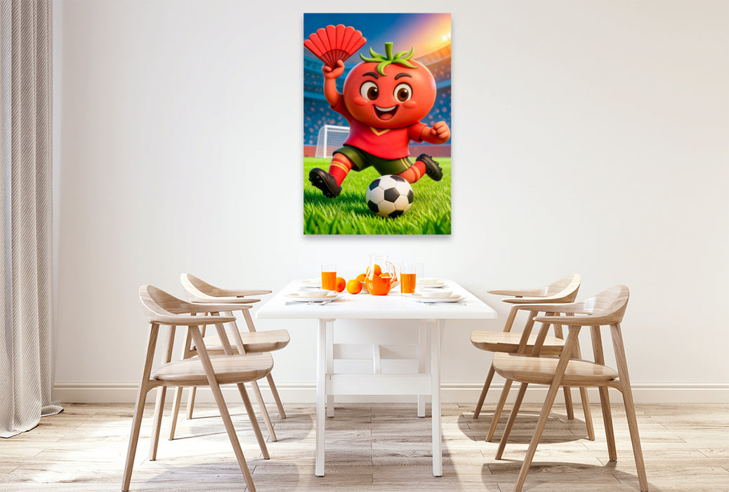 Premium Textil-Leinwand Spanische Tomate zeigt humorvolle Fußballpower in lebendiger Stadionszene