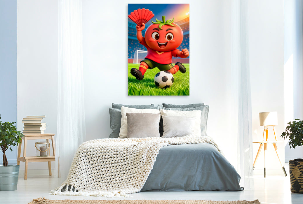 Premium Textil-Leinwand Spanische Tomate zeigt humorvolle Fußballpower in lebendiger Stadionszene