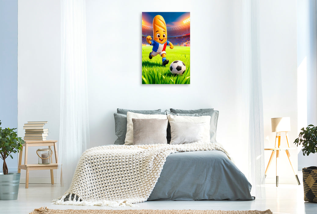 Premium Textil-Leinwand ranzösisches Baguette Fußballer in lebendiger Stadionszene