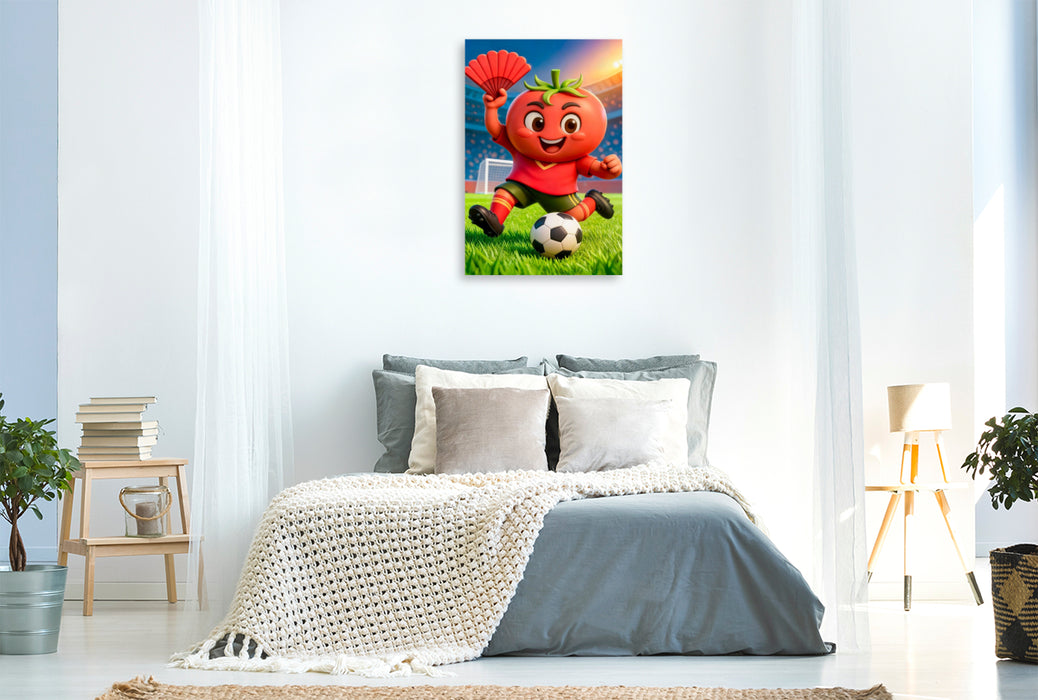 Premium Textil-Leinwand Spanische Tomate zeigt humorvolle Fußballpower in lebendiger Stadionszene