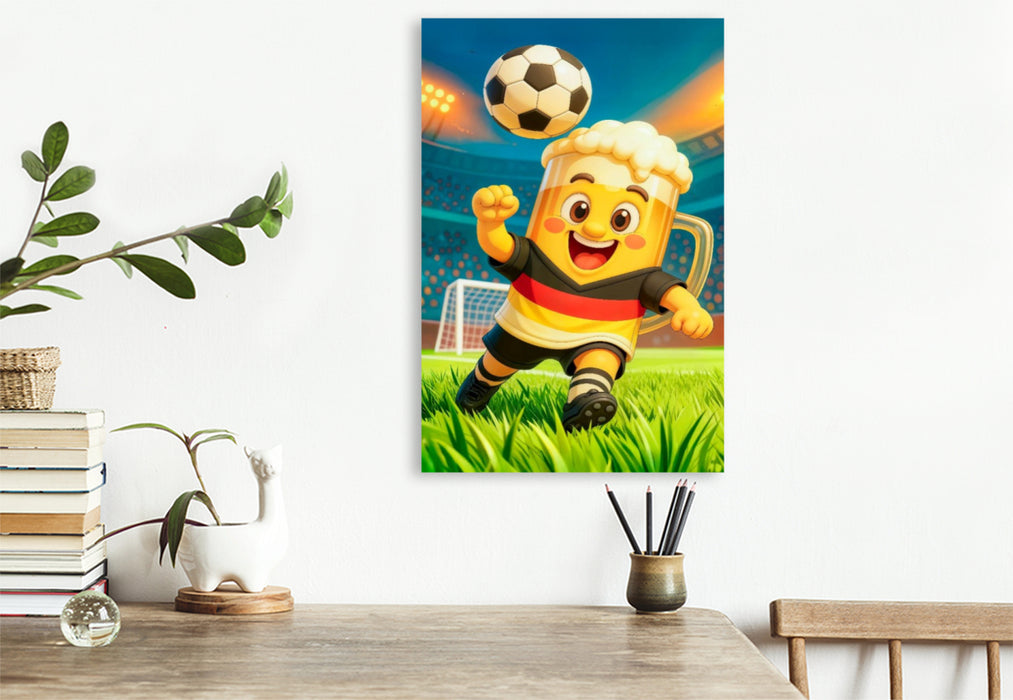Premium Textil-Leinwand Deutsches Bierglas Fußballer in farbenfroher Stadionszene