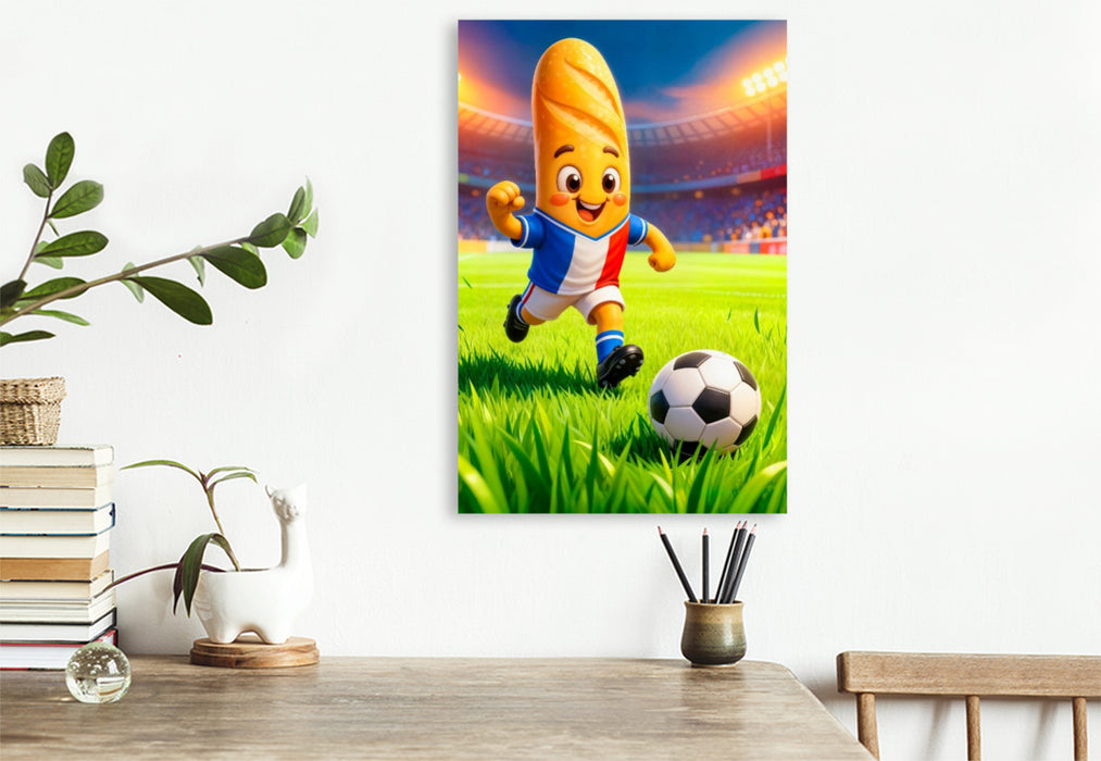 Premium Textil-Leinwand ranzösisches Baguette Fußballer in lebendiger Stadionszene