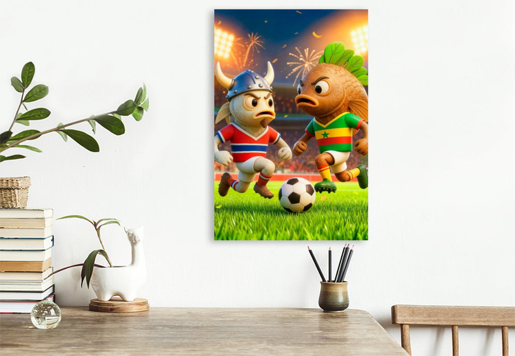 Premium Textil-Leinwand Norwegischer Dorsch und senegalesisches Thieboudienne im humorvollen Fußball Duell